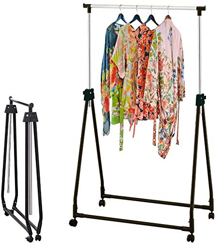 BAKAJI Enkel justerbar hopfällbar klädhängare i stål och hårdplast, teleskopiska stänger, lätt att montera med 4 hjul, butiksutställning, professionell klädhängare (svart)
