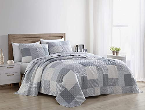 Chezmoi Collection Anderson 3-teiliges bedrucktes Patchwork-Steppdecken-Set – Karierte gestreifte Decke – vorgewaschene Mikrofaser, leichte wendbare Tagesdecke, Queen-Size-Größe