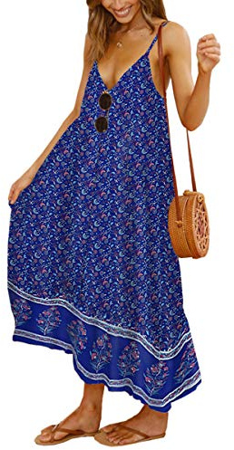 Angashion Women's Dresses Floral Adjustable Spaghetti Strap V Neck Boho Long Maxi Dress Summer Beach Flowy Ethnic Sundress 2142 Blue Large