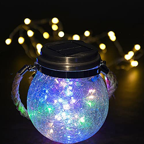 Lanterne Solaire Exterieur Jardin, ZQX 30 LED Boule de Lumière Solaire Craquelée Verre Lampe Suspendue Mason Jar avec Paille Eclairage IP65 Etanche Pour Pelouse, Fête, Cour, Mariage(Multicolore)