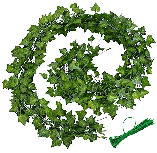 EMSMIL 12 Pezzi Pianta Artificiale Edera con 20 Fascette per Cavi Finta Rampicante Ghirlanda Decorazioni Muro per Casa Ufficio Balcone Finestra Giardino Siepe Recinzione Matrimonio Festa