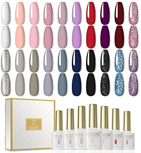 ROSALIND UV Nagellack Set 20 Farben Gel Nagellack Glitzer UV Lack Weiß Nude Rosa Lila Rot Grau Für Nägel Weiß Nail Polish Set 6ml