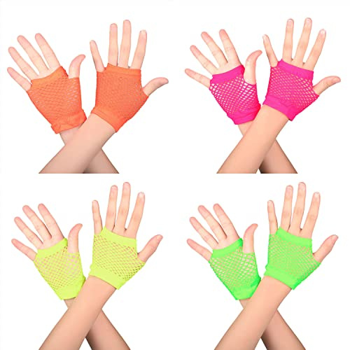 Lezevn Kurze Fischnetz-Handschuhe 80er Jahre Neon Party Fingerlose Handschuhe Neon helle Farbe Fischnetzhandschuhe für 80er Jahre Kostümzubehör, Rosarot, Grün, Orange, Gelb, 34