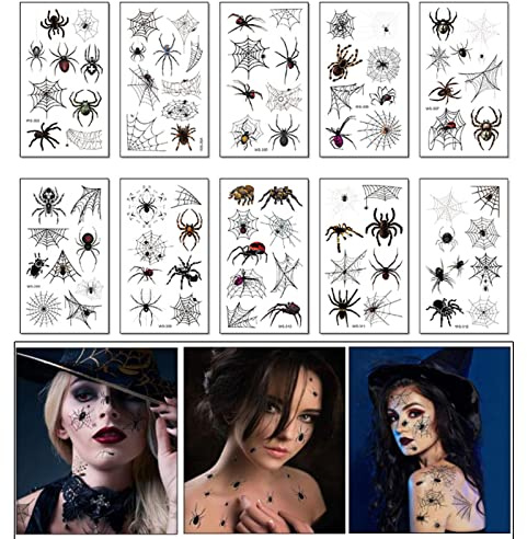 10 Blatt Halloween Spinnen Tattoos, Spinnennetze Gesicht Tattoos, Schwarze Spinnen-Tattoos, Temporäre Schwarz Spinnen Tattoos, für Halloween Masquerade Karneval Party Punk Geschenk