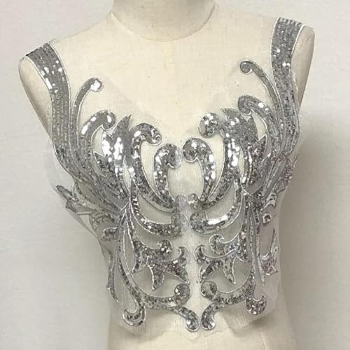 Yulakes Silber Stickerei Spitze Applikation Patch Silber Pailletten Spitze Ausschnitt Kragen Hochzeit edles Kleid Nähen DIY Brautkleid Dekoration Kleidung Zubehör