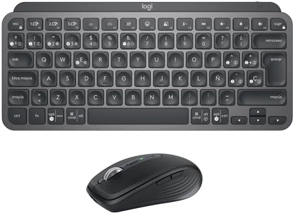 Logitech MX Keys Mini (Teclado) + MX Anywhere 3S (ratón inalámbrico) - Escritura fluida, Teclas retroiluminadas, Desplazamiento rápido, USB-C, Bluetooth, Compacto, QWERTY Español - Gris