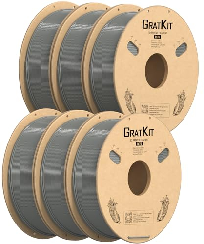 GratKit PETG 3D-Drucker Filament 1,75mm 6kg Spule, 3D-Druck Filament±0,03mm Präzision, Leicht zu drucken, Gleichmäßige Wicklung, 6 * 1KG, 6 Packs, Grau
