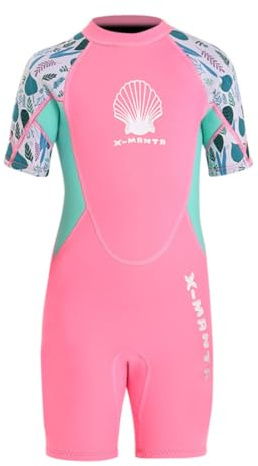 BABYBEEUS 2.5mm 1-Piece Girls Full Boby Back Zip Long/Short Sleve Wetsuit for Cold Water Swimming/Driving/Surving (Short Sleeve - Pink, 2T)
