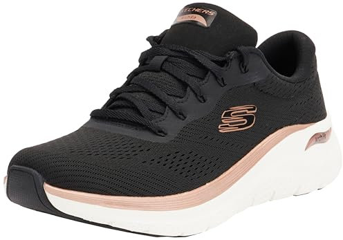 Skechers Arch Fit 2.0 Glow The Distance - Sneaker da Donna, Rete Nera con Finiture in Oro Rosa, 40 EU
