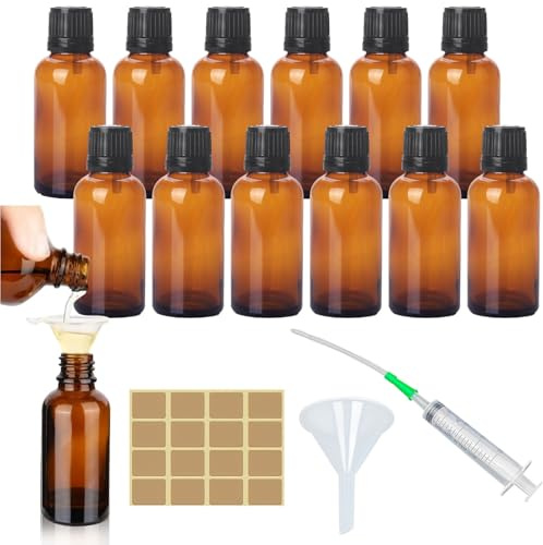 TUAKIMCE 12 Stück Braunglasflasche 30ml, Tropfflasche aus Glas Braune Apothekerflasche Set inkl. kleine Glasflaschen Trichter Spritze und Etikett (Braun, 30ml)