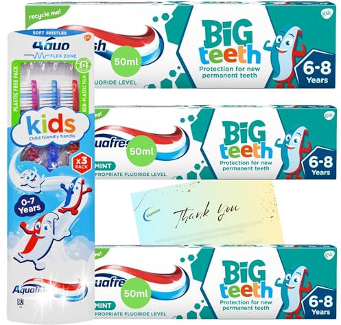Kids Toothpaste Bundle with 3 Pack Big Teeth 6-8 Years 50ml Each and Kids Toothbrushes (Pack of 3) with Glameno Thank You Card