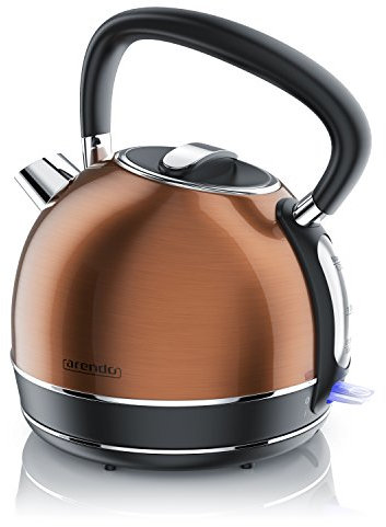 arendo - Bouilloire électrique en Acier Inoxydable - 1,7 Litre - 2200 W - Style Vintage rétro - Filtre anticalcaire Amovible Interchangeable - Design Argent en Acier Inoxydable - Cuivre