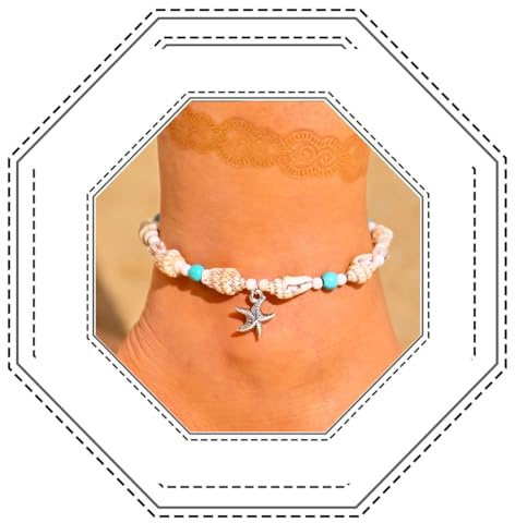 Jovono Bracelet de cheville bohème en forme d'étoile de mer - Argent et turquoise - Pour femme et fille