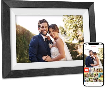 Digitaler Bilderrahmen Holz WLAN, 10.1 Elektronischer Bilderrahmen 32GB Speicher, 1280*800 IPS Touchscreen Auto-Rotate, Fotos/Videos sofort über Frameo APP Teilen,Hochzeit Geschenke für Frauen Männer