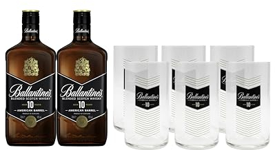 Ballantine's 10 Whisky Escocés, Pack de 2 Botellas y 6 Vasos de Regalo, 700 ml