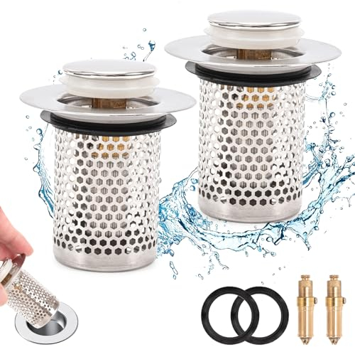 Waschbeckenstöpsel für Badezimmer, 2 Stück – Abflussstöpsel für Waschbecken, Abflussstöpsel, 33 × 50 mm, Filtersieb aus Edelstahl, Abflusssieb für Badezimmer, verhindert Verstopfen