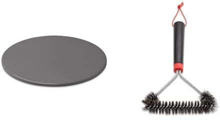Weber Pierre à Pizza Artisanale - Pierre de Cuisson Vitrifiée pour Barbecue - Pierre à Pizza en Cordiérite - Accessoire Gourmet Barbecue Weber - Rond 36cm - Noir (18412) & 12 Three-Sided Grill Brush