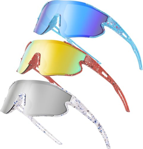 Wapreta 3PACK Kids Sunglasses Youth Baseball Sunglasses for 4-12 Boys Girls Cycling Softball Running UV400 Sports Goggles (Blue Frame + Red Frame + White Frame)