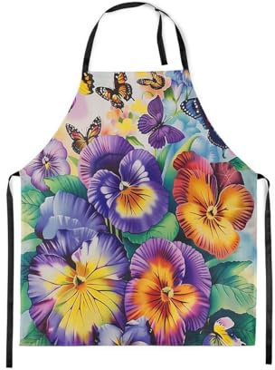 Blume Schmetterling Küche Schürze 78x66 (LxW) Garten Stiefmütterchen Blumen Schürze Rustikales Bauernhaus Frühling Chef Schürze Pastoral Land Blüte Einstellbare Lätzchen Schürze Lila Gelb Dekor