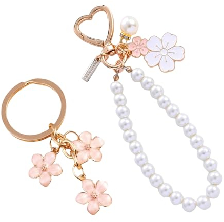 Calkkrer 2 Stück Schlüsselanhänger Damen Perlen Glitzer, Aesthetic Schlüsselanhänger Mit Blume, Süßer Taschenanhänger Frauen, Personalisierter Schlüsselband Mädchen