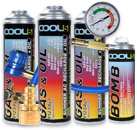 Cool5 3X Summer AC Recharge + Öl KIT - Klimaanlagen-Reparaturset - Kältemittel-Gas-Ersatz mit Öl (R1234yf-Gas-Ersatz) mit Messschlauch + Adapter YF - für Autos ab Baujahr 2017, 290g + Refreshing Bomb