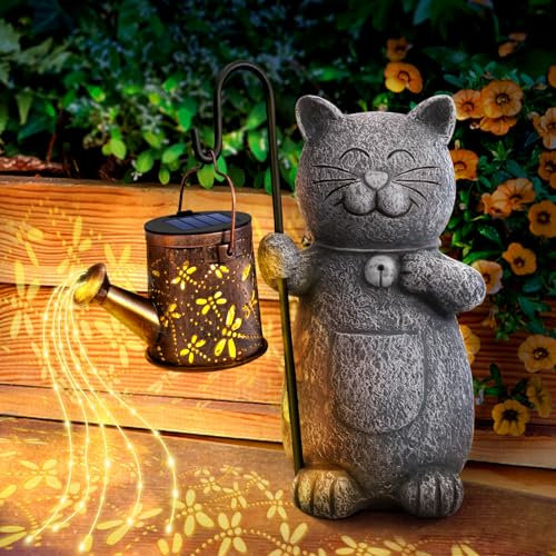 Hinshark Geschenke für Frauen Mama, Katze Garten Deko Gartenstatuen mit Solar Laterne, Geburtstagsgeschenk für Frauen, Gartendeko für Draußen Wetterfest, Geschenke für Frauen Weihnachten