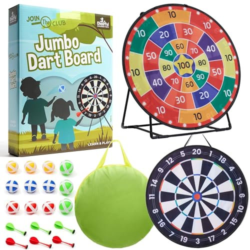 Cheerful Children Toys Jumbo Kids Dart Board XL or XXL, Velcro Dart Board Set for Kids - Reversible Design, Sturdy Stand, 12 Sticky Balls & 6 Darts, Indoor/Outdoor Games Ages 3-8 (Traditional, 73cm)