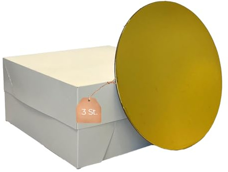 KITCHENDREAM Lot de 3 boîtes à gâteau avec 3 planches à gâteau rondes assorties or/argent - Carton pour gâteau blanc avec support à gâteau - Récipient à gâteau jetable - Boîte à gâteau 30 x 30 x 15 cm