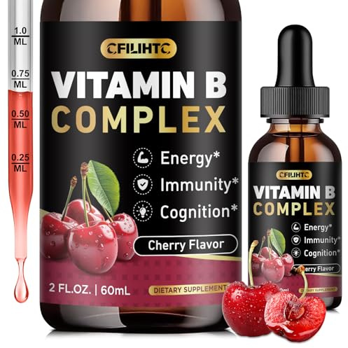 CFILIHTC Vitamin B Complex Liquid Drops, B Vitamins Complex Supplement with B1, B2, B3, B5 B6, B7, B9 & Methyl B12 Drops for Adults & Kids, Vegan, Cherry Flavor