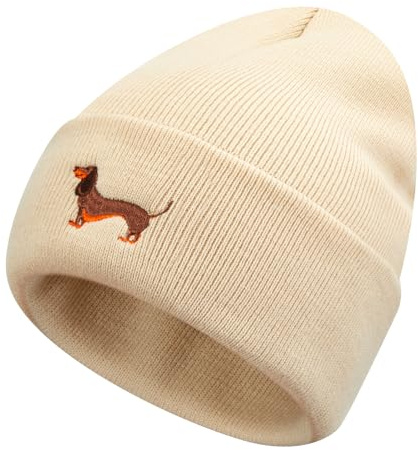 Geyoga Dackel Mütze Damen Strickmütze mit Stickerei Warm Winter Geschenk | Dackel Stickerei, weiche Strickmütze, warm, Umfang 54-58 cm, Damen, Geschenk für Dackel Fans