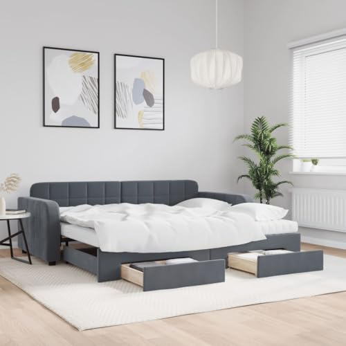 Gecheer Utdragbar bäddsoffa med lådor, 90 x 200 cm, mörkgrå, sammet, 2-sits, dubbelsängssoffor, sängstomme, utdragbar sovsal, P3197002