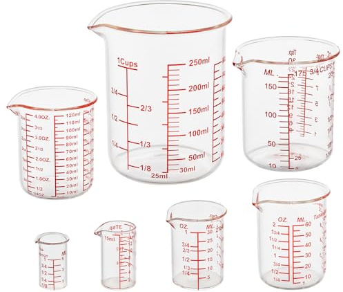 Set di misurini in vetro borosilicato con beccuccio a V, include misurini in vetro da 5 ml/15 ml/30 ml/60 ml/120 ml/150 ml/250 ml, per cucina o ristorante, facile da leggere (confezione da 7)