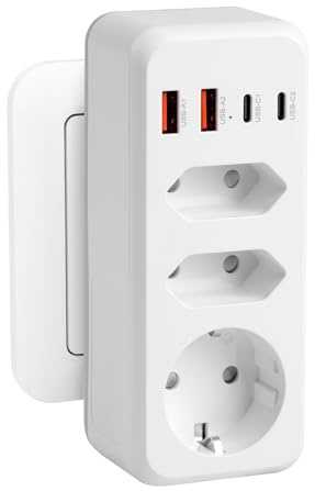 Ladron Enchufes 7 en 1,Enchufe Multiple Pared,Regletas Enchufes con 4 USB,1 Schuko y 2 Enchufe EU,Enchufe Doble 3500W, Ladron Enchufe Plano USB C para Móvil,Familia,Oficina,Cocina,Blanco