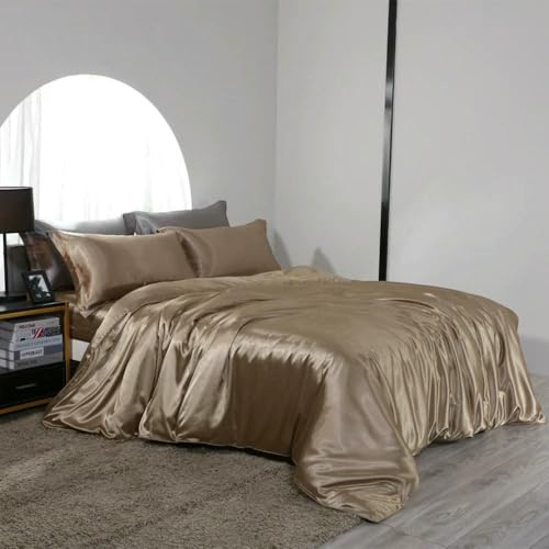 XDMING Juego de Cama de Seda Morera con sábanas Ajustables y Planas, Funda nórdica Sedosa y Funda de Almohada para el hogar, Hotel, tamaño Queen y King.