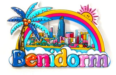 Imán Decorativo de Benidorm, Diseño Colorido con Palmera y Arcoíris, 9 cm x 6 cm, Resina, España, español