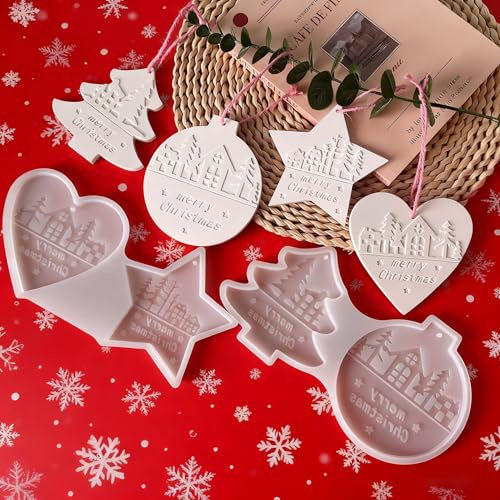 Silikonformen Gießformen Weihnachten, Silikonform Weihnachten Anhänger 4 Detaillierte Motive Tannenbaum/Stern/Kugel/Liebesherz für Weihnachtsbaum Schmuck & Handwerk Geschenke