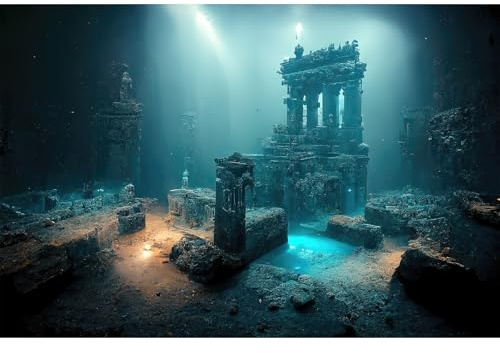 Fantasy Lost Underwater City Aquarium Background Misty Ancient Temple Stone Columns Fish Tank Background Under Water Magical Foggy Ruined Atlantis Buildings Reptile Tank Enclosure Backgrounds 48x20in