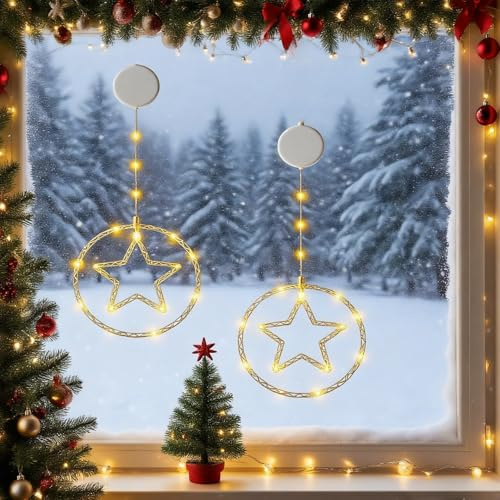 JYTGALX 2 Stück LED-Sternen-Lichterkette warmweiß Batteriebetrieben mit Timer & Saugnäpfen, Weihnachtsdeko für Fenster, Balkon, Party & Hochzeit