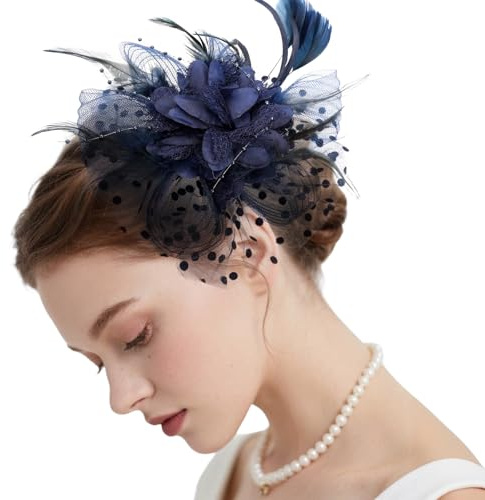 Viiotu Elegant Womens Wedding Fascinator Hat – Feather Mesh Flower Headpiece with Headband & Hair Clip, Stylish Bridal Party Tea Party Hat (Navy, OneSize)