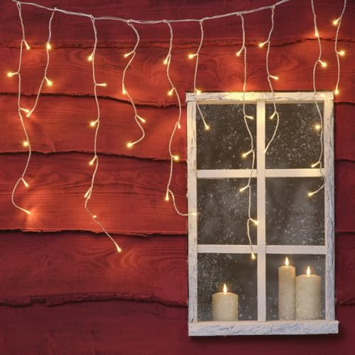 Lights4fun Koppelbare Eiszapfen Lichterkette mit warmweißen 100 LEDs | Strombetrieben & mit Timer | Weihnachten Weihnachtsdeko Weihnachtsbeleuchtung | Eisregen Innen & Außen | Länge 2 m
