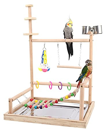 Oxtxuzdm Vogelsitz Papageien Spielständer Nymphensittichspielzeug Mit Leiter Kauspielzeug Futterbecher Übung Und Spielen Für Vögel Vogelspielplatz Sitzstangenständer Aus Naturholz Mit Schüsseln Groß