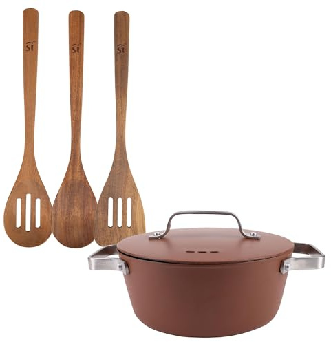 San Ignacio AGROS Kochtopf-Set, Ø 20 x 8,5 cm, 2 l, mit Deckel aus Aluminium + 3 Küchenutensilien aus Holz