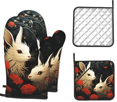 Ofenhandschuhe und Topflappen, hitzebeständige Grillhandschuhe, Kaninchen, Ofenhandschuhe, Handschuhe, rutschfest, Küchenhandschuhe, Topflappen zum Kochen, Backen, Grillen, Grillen, Mikrowelle, 4