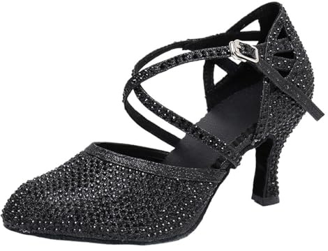 Latinamerikanska dansskor för kvinnor latinska dansskor dam salsa tango balsal fest sneakers strass satin flicka högklackade utomhus stängd tå sho, Svart, 38.5 EU