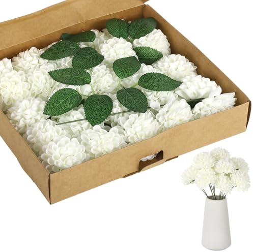 yeeplant Flores artificiales de hortensias de color blanco crema, 25 piezas de flores de espuma para ramos de boda, con tallo y hojas verdes, 27,9 x 2 cm