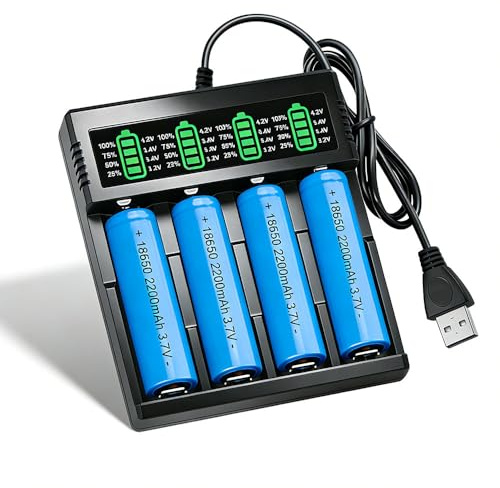 Battery Charger Set with 4 Pack 2200mah 3.7V Battery Pointed, Rechargeable battery, Four Bay LCD Display Smart USB battery Chargers for Mini Fans, Headlamps and Electric Toys Tools