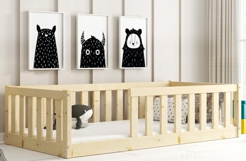 Interbeds Kinderbett Bella 80x160 mit Rausfallschutz & Lattenrost Bodenbett aus Holz Einzelbett Montessori Bed Gitterbett Kleinkindbett bis 120 kg Kiefer Holz massiv Junge Mädchen (Naturton, 160x80)