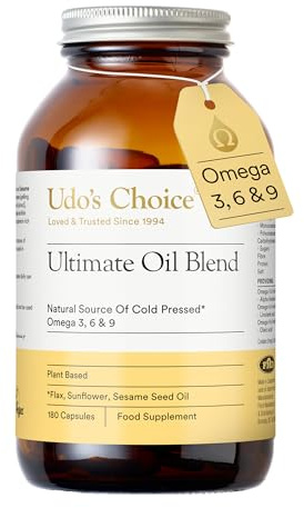 Udo's Choice Ultimate Oil Blend Capsules - Vegan Omega 3 6 9 from Cold-Pressed Plant Oils - Flaxseed, Evening Primrose, Sunflower - Heart, Brain, Skin, Hormone Support - 180 Capsules – 90 Servings