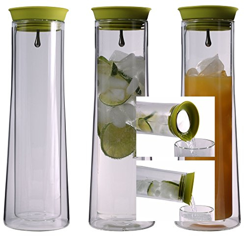 AKTION: 3x 850ml doppelwandige Wasserkaraffe mit Automatik-Verschluss und 360° Grad Ausgießfunktion, hält kaltes länger kalt und warmes länger warm, Karaffen für Wasser, Saft, Tee, Eistee, Milch, Limo, Wein oder auch Warmgetränke wie z.B. Kaffee von Feelino