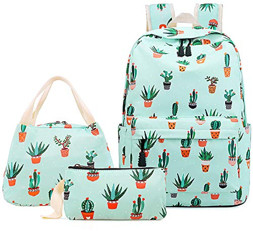 Cactus School Bag 3-in-1 Kids Bookbag Set, Junlion Laptop Backpack Lunch Bag Pencil Case Gift for Teen Girls Womens